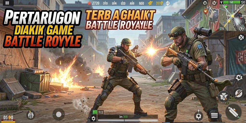 Screenshot menunjukkan pertempuran intens di permainan Battle Royale.
