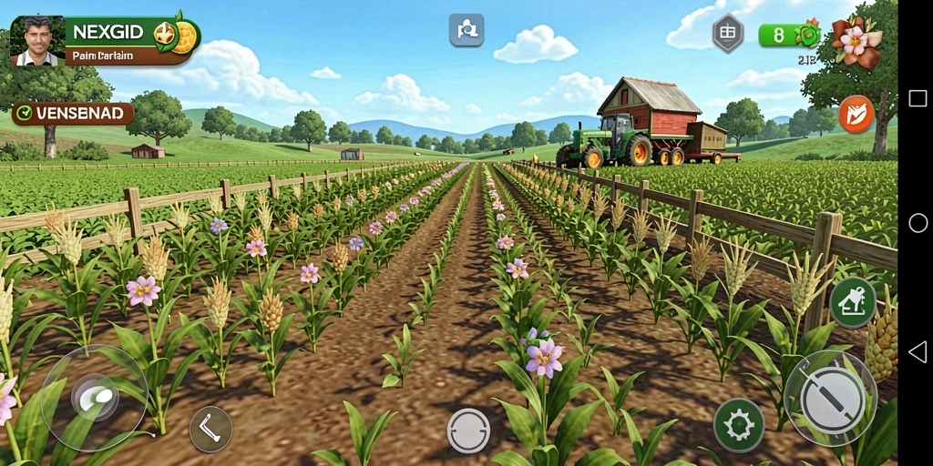 Gambaran gameplay NEXGID dengan ladang yang subur.